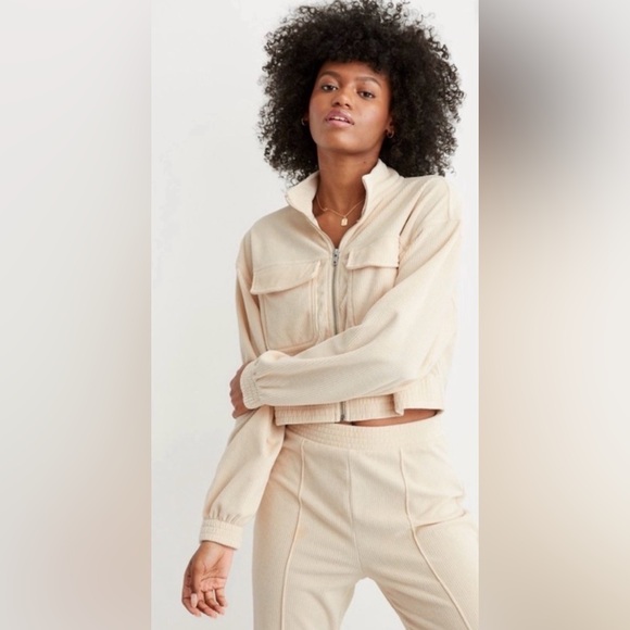 aerie Jackets & Blazers - Aerie Grooveon Velour Fill Zip Soft Oat M